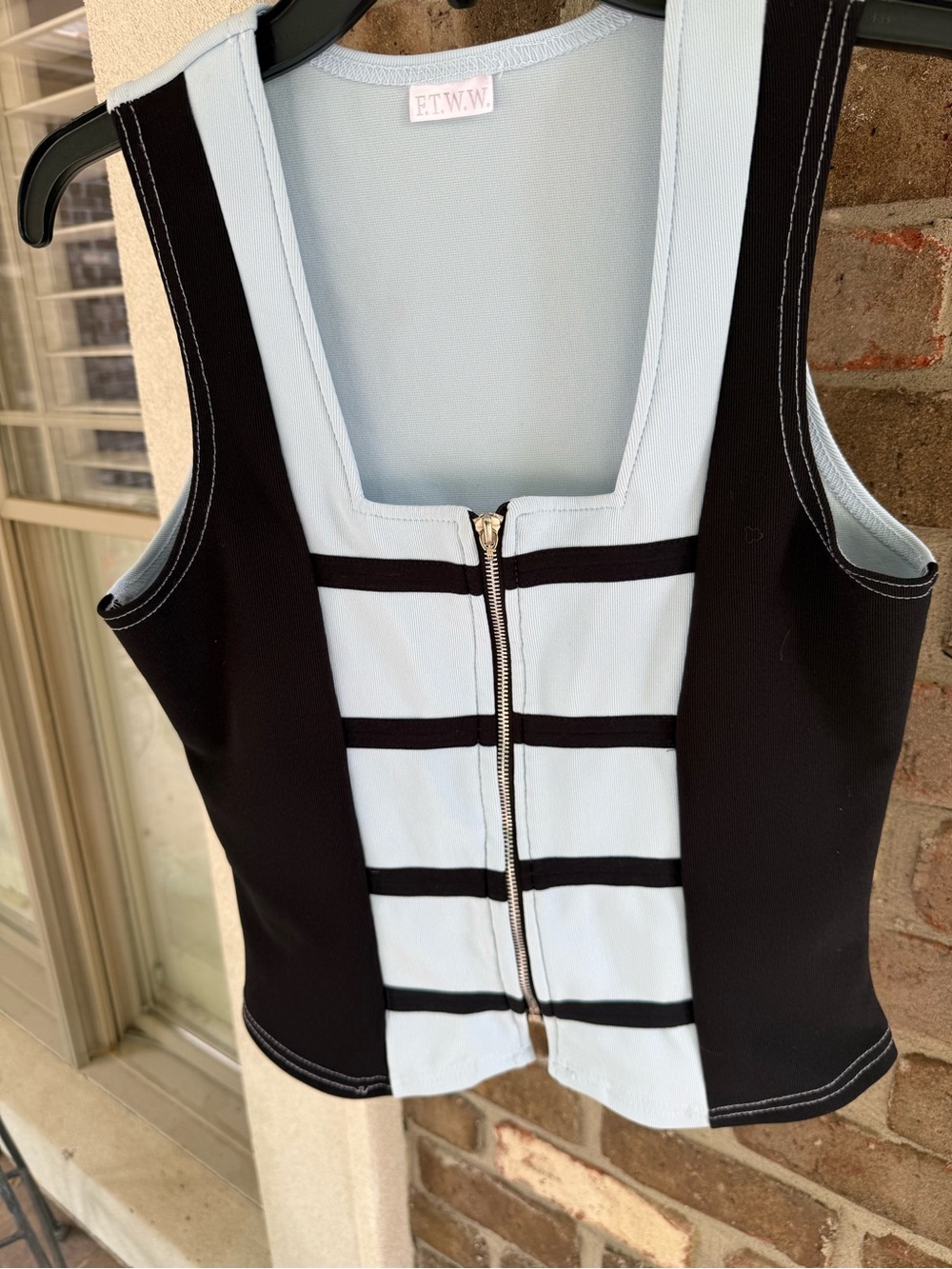 FT.W.W Light Dusky Blue & Black Zip Front Sleeveless Top